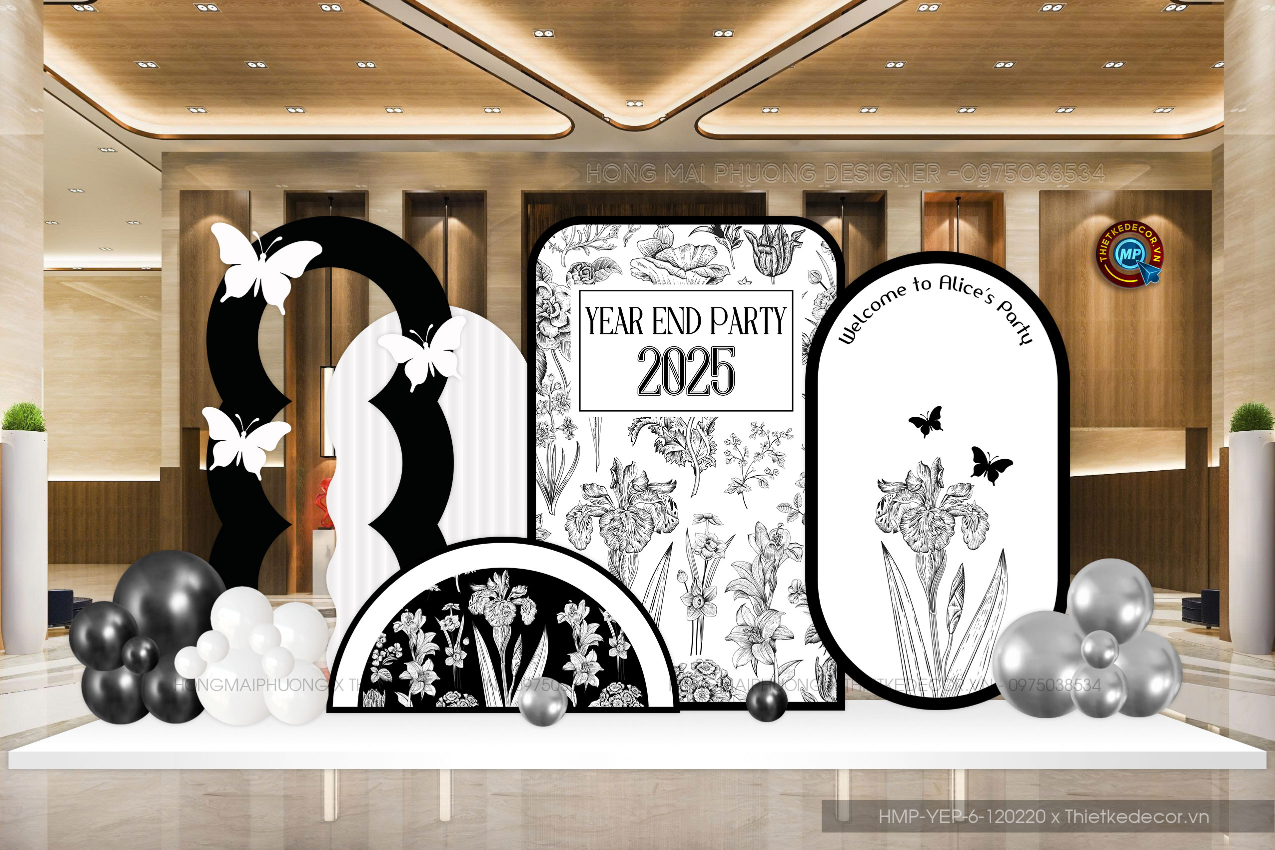 File thiết kế tiệc Tất niên 2025, Year End Party 2025 tone đen trắng nhiều back phối hoa văn